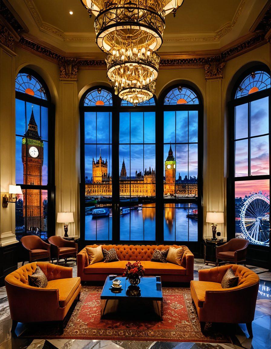 A stunning collage showcasing London's most iconic landmarks, including the Big Ben, Tower Bridge, and the London Eye, set against a backdrop of a luxurious hotel lobby filled with elegant decor. Add travelers in upscale attire, sipping tea, and admiring the view, capturing a vibrant atmosphere of hospitality. Emphasize a warm sunset glow illuminating the scene. super-realistic. vibrant colors. historical elegance.
