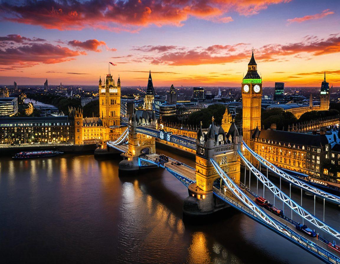 A panoramic view of London showcasing iconic landmarks like the Tower Bridge and Big Ben joined by luxurious upscale hotels with elegant architecture. The scene is bustling with diverse tourists enjoying the sights and vibrant street life. A sunset casts a warm golden glow, enhancing the beauty of the surroundings. super-realistic. vibrant colors. 3D.