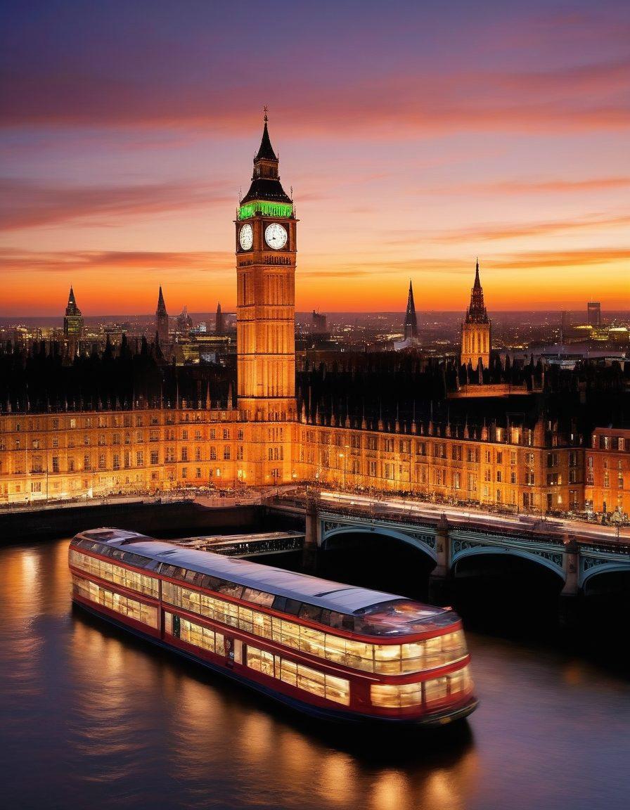 A panoramic view of iconic London landmarks like Big Ben, the London Eye, and the Tower Bridge bathed in golden sunset light. Include a stylish hotel in the foreground with an inviting atmosphere, emphasizing hotel booking options. Insert small icons representing sightseeing tours, like buses and boats, around the image. Add a traveler with a map looking excited and curious about exploring. vibrant colors. super-realistic.